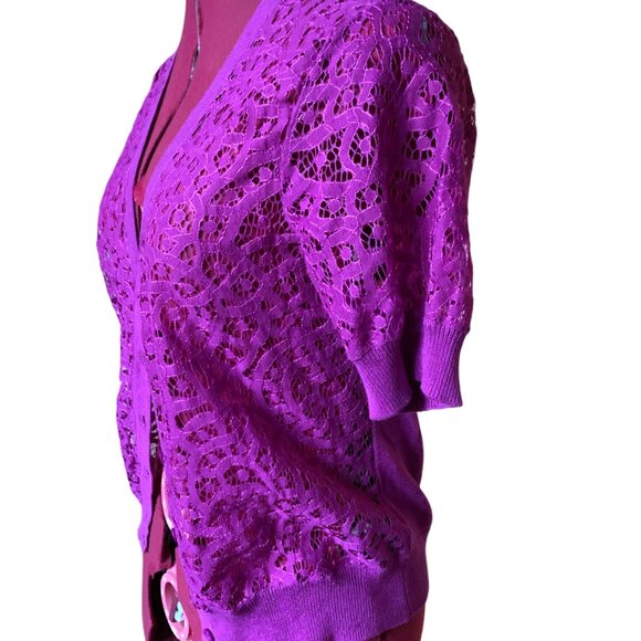 JESSICA - Magenta short-sleeved cardigan - open lace knit fabric - Medium - Picture 4 of 7